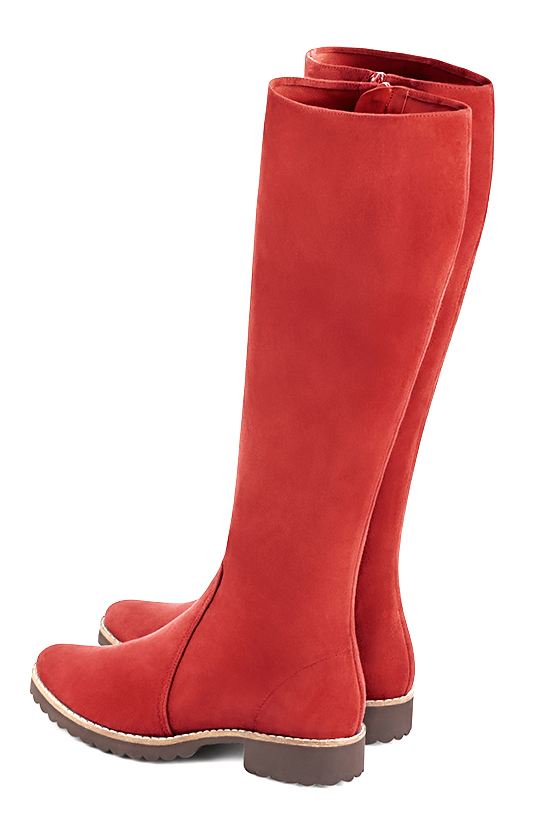 Scarlet red women's riding knee-high boots. Round toe. Flat rubber soles. Made to measure. Top view - Florence KOOIJMAN